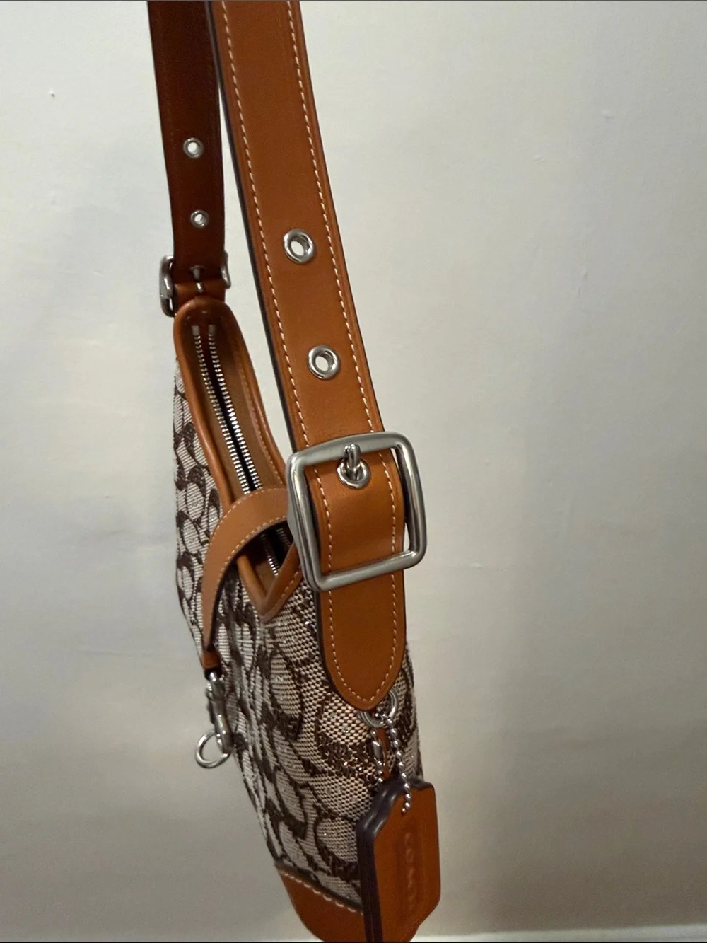 Coach Brown Signature Canvas Shoulder Bag with Tan Leather Trim
